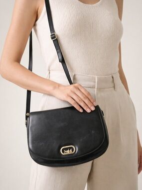 Vintage Bassano Black Italy Leather Saddle Crossbody Bag